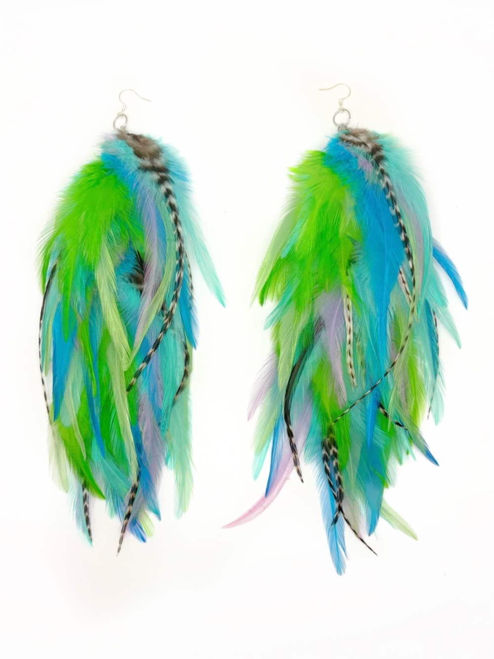 Vibrant Green & Blue Feather Drop Earrings